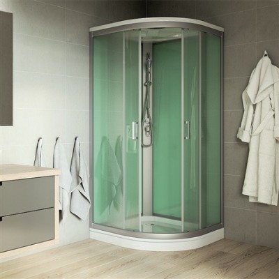Sprchový box bez střechy, čtvrtkruh, 90 cm, R550, profily satin, sklo Point, litá vanička