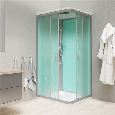 Sprchový box, čtvercový, 90 cm, profily satin, sklo Point, litá vanička, se stříškou