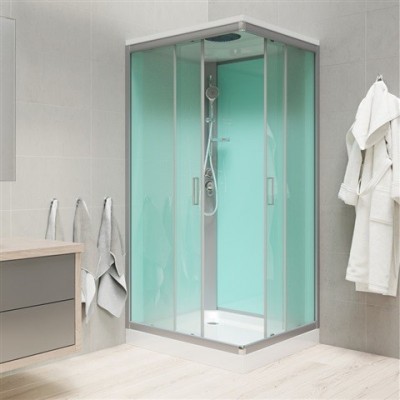 Sprchový box, čtvercový, 90 cm, profily satin, sklo Point, SMC vanička, se stříškou