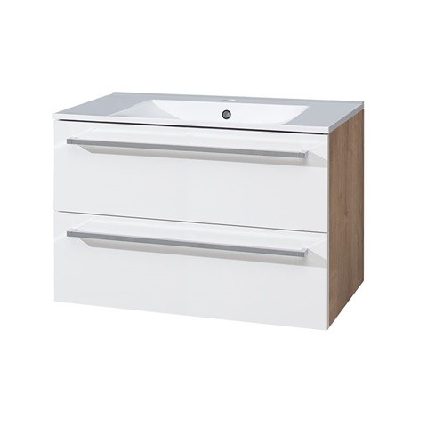 Mereo Koupelnová skříňka s keramickým umyvadlem 80 cm,bílá/dub, 2 zásuvky CN671