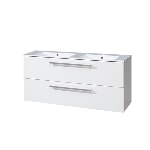 Mereo Koupelnová skříňka s keramickým dvoumyvadlem 120 cm, bílá/bílá, 2 zásuvky CN663