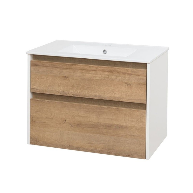 Mereo Opto, koupelnová skříňka s keramickým umyvadlem, bílá/dub, 2 zásuvky, 810x580x458 mm CN931